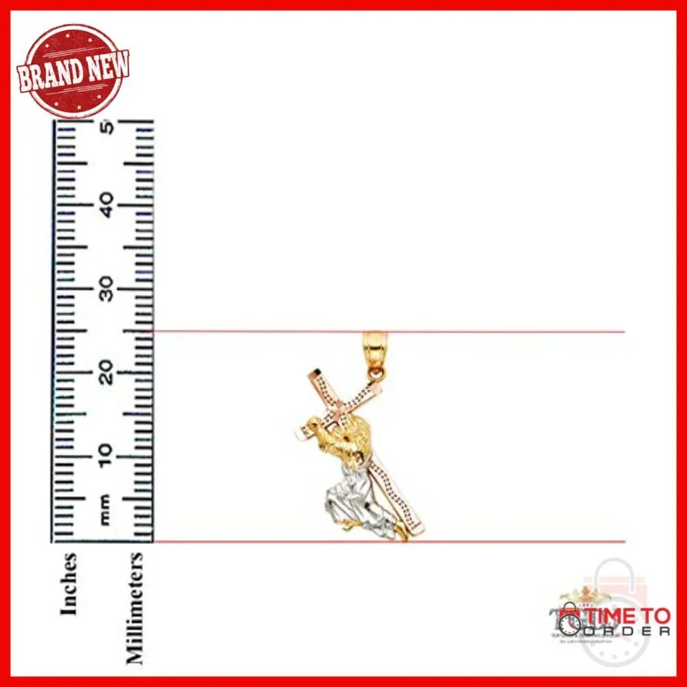 14K Tri-Color Gold Jesus Carrying Cross Pendant 25x20mm Religious Charm